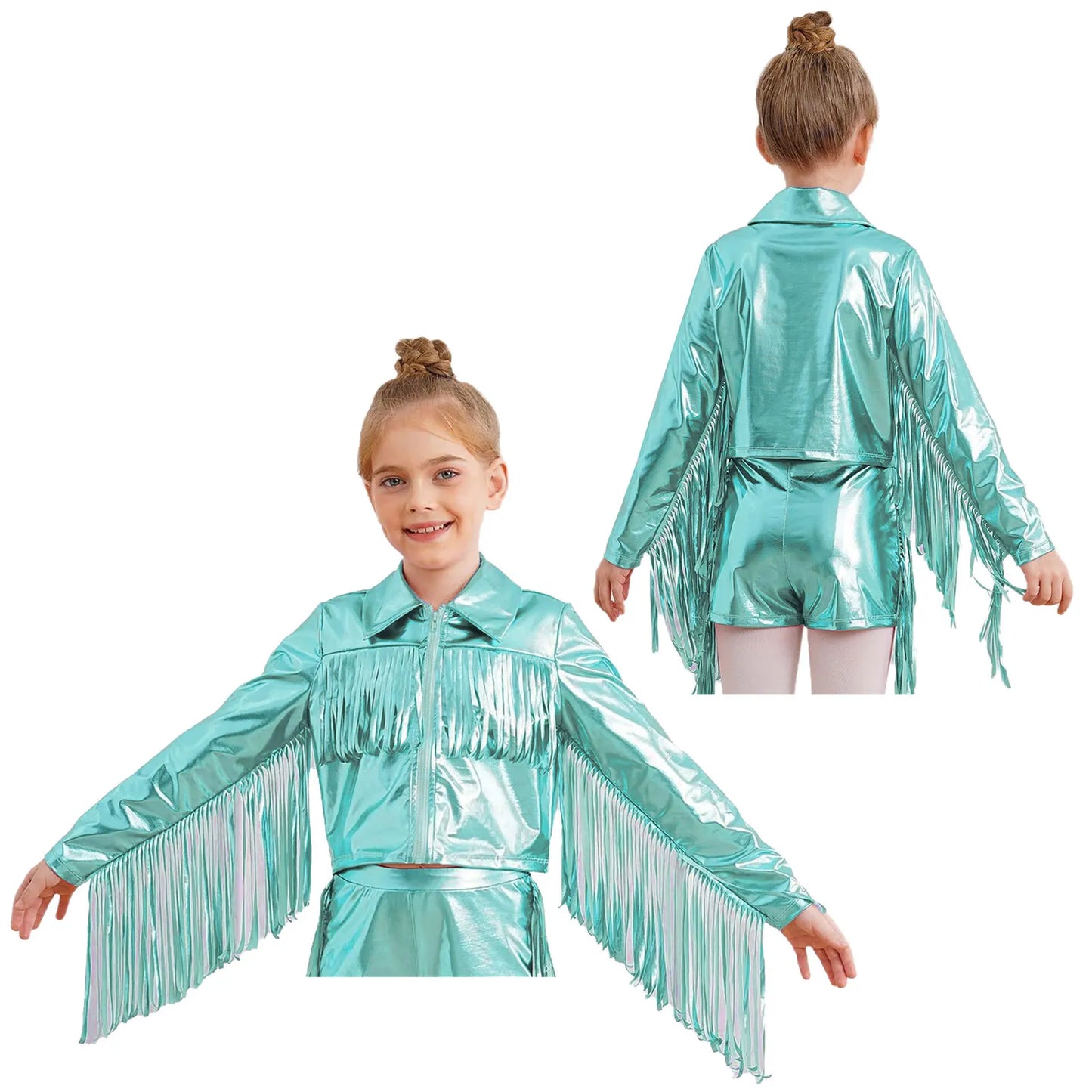Girl's Tassels Jackets Streetwear Metallic Jazz Dance Costume Turn-Down Collar Childs Fashion Fringe Coats Jacket Party Jacket