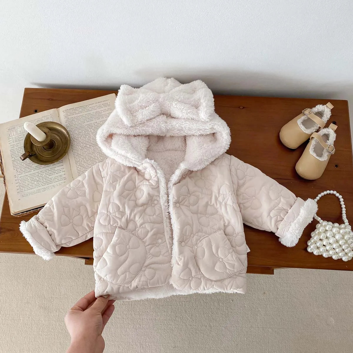 Baby fleece-lined Winter Men's and Women's Baby Clothes Bowknot Hooded Korean-style Newborn Warm Cotton-padded Jacket