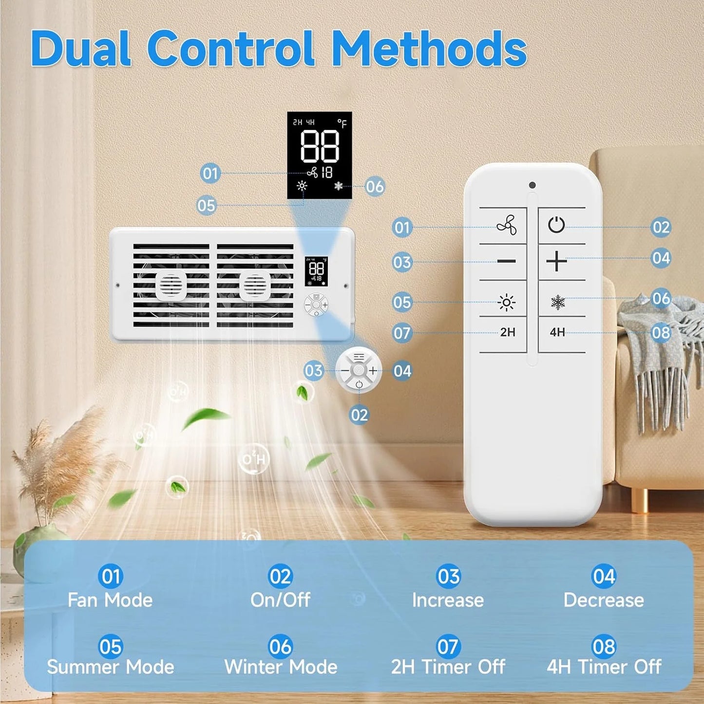 Register Booster Fan 4*10/4*12Inch Smart Heating Cooling AC Vent Fan With Remote Control & Thermostat Control Household Radiator