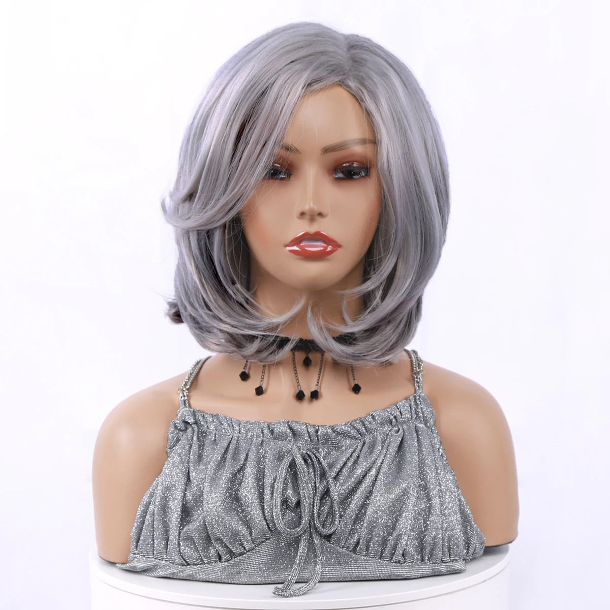 Mid-length Grey Wavy Bob Wigs Short Gray Curly Wig Synthetic Wigs Average Size Realistic Natural Daily Wigs for Woman 10-12 Inch