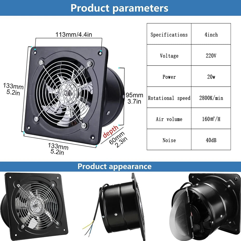 Silent Exhaust Fan Wall-Mounted 4-Inch 100mm Window-Type Bathroom Exhaust Fan Ventilation and Air Exchange Fan Duct Extractor