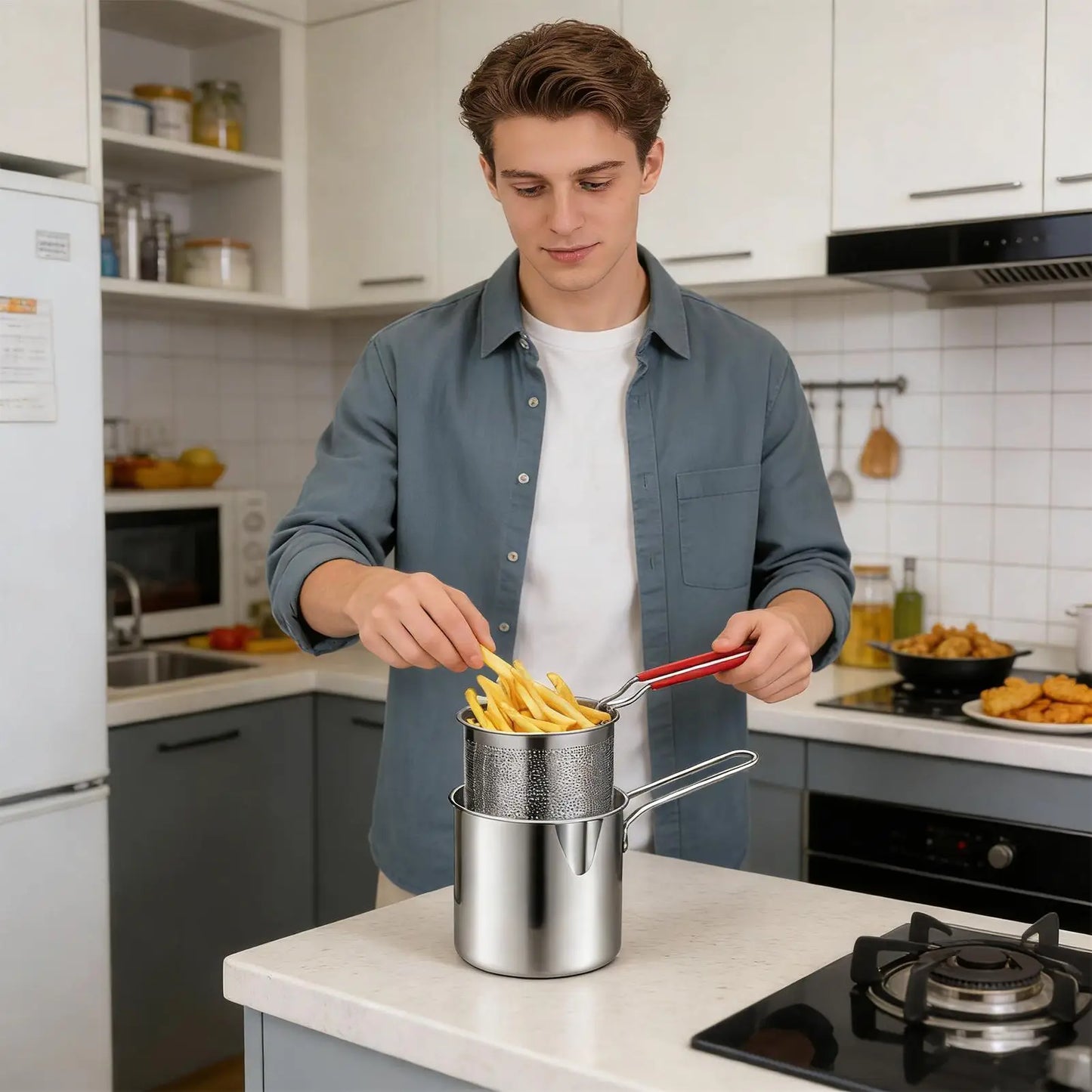 Stainless Steel Deep Fry Pot Space-Saving Fryer Multi-Use Cooking Pan For Chicken Wings French Fries, Home Kitchen Restaurant RV