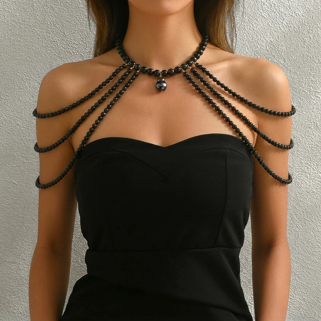 Elegant Multi-Layered Pearl Shoulder Chain Necklace for Women Luxury Wedding Dinner Body Chain Bridal Accessory