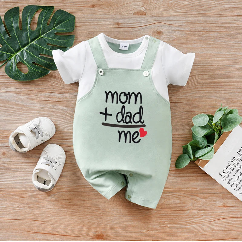 Newborn boys, girls and babies summer vacation 2 pieces braces, Dad, Mom and I, short-sleeved round-neck jumpsuit