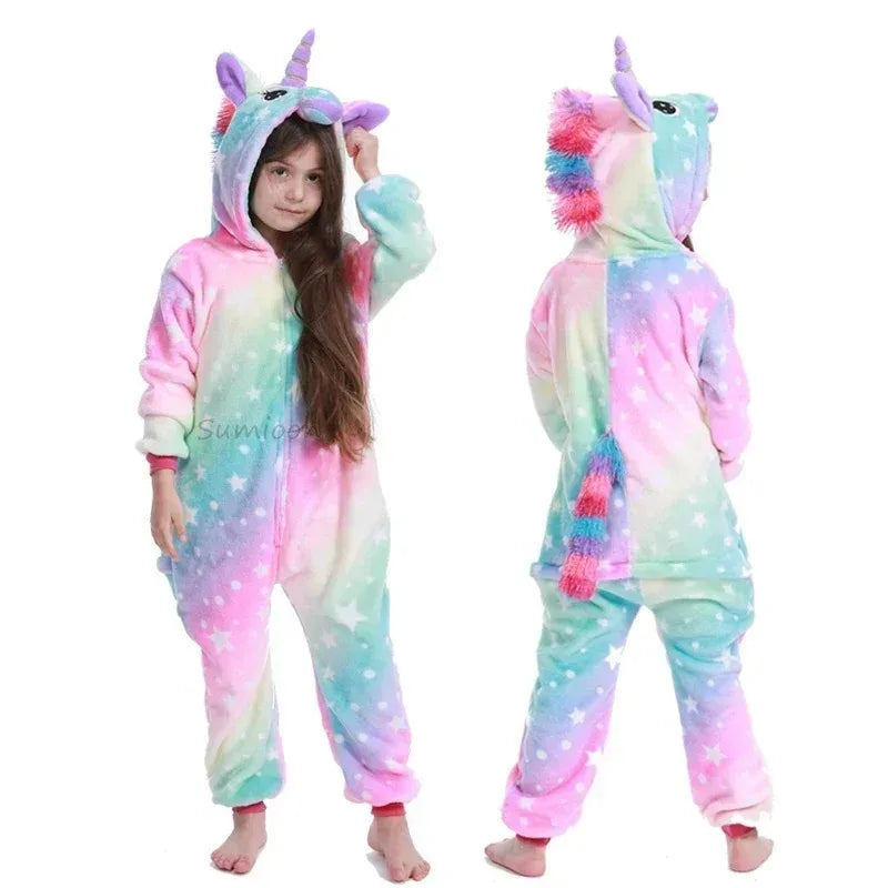 4 6 8 10 12 Years Girls Black Cat Jumpsuits Unicorn Pajamas Kigurumi Toddler Kids Hooded Flannel Home Wear Children Onesie