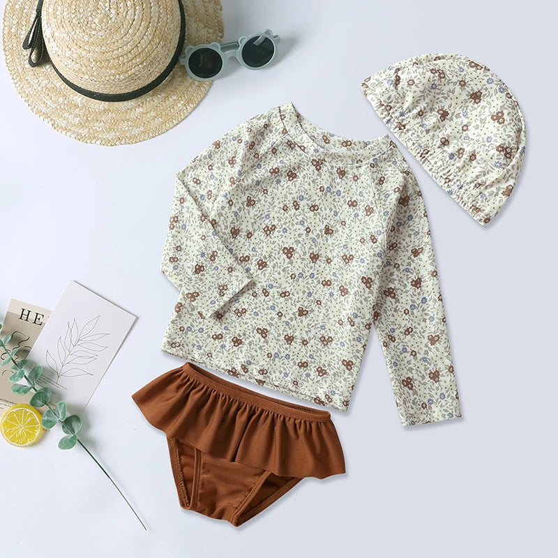 Kids Girls Swimsuit Summer Bikini Girl Swim Suit Long Sleeve Children Swimwear with Hats