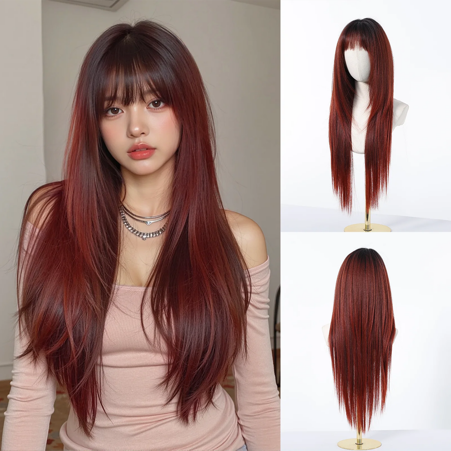 Burgundy Wine Red Ombre Layered Synthetic Wigs With Bangs Super Long Straight Wig For Women Cosplay Natural Daily Heat Resistant