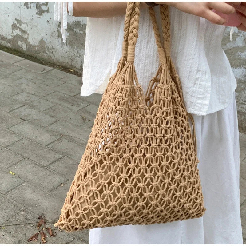 Fashion Crochet Bags for Women Summer Beach Tote Bag Raffia Aesthetic Totes Straw Handbag Bohemian Boho Woven Knit Shoulder Bag