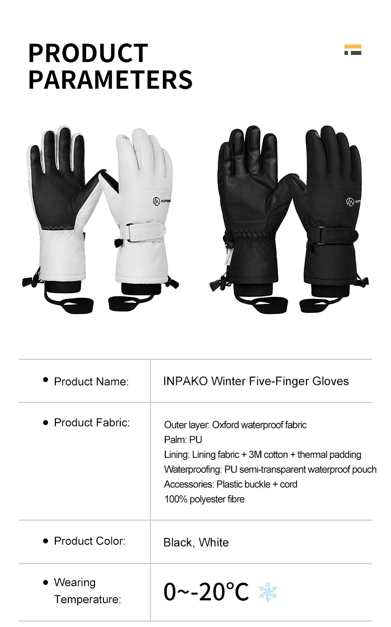 INPAKO thickened men's and women's professional ski gloves windproof winter warm snow gloves snowmobile five-finger gloves