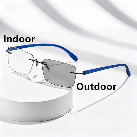 Rimless Photochromic Reading Glasses Auto Color Changing Light Sensitive Presbyopia Glasses Ultralight Frameless Eyeglasses for