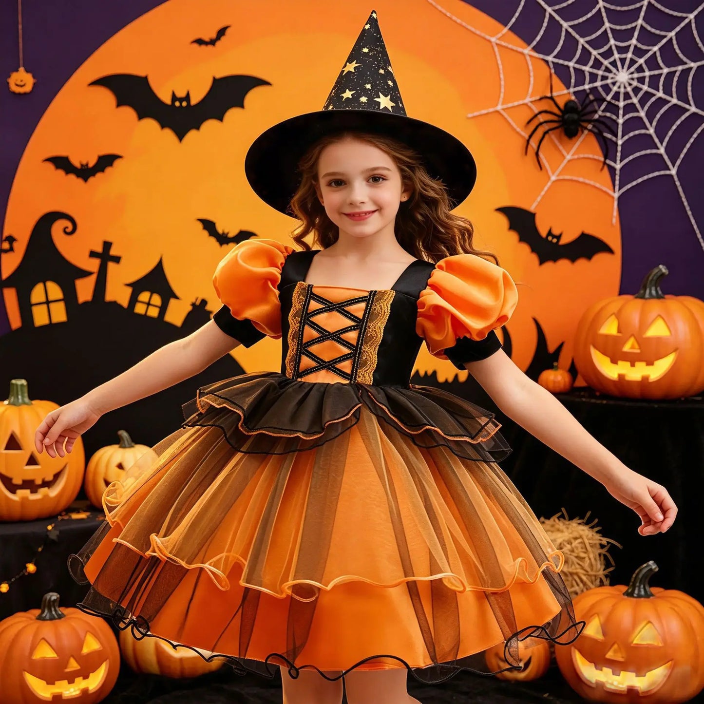 Girls Halloween Witch Costume Puff Sleeve Orange Black Layer Tulle Tutu Dress Kids Pumpkin Cosplay Outfit With Witch Headband Pu