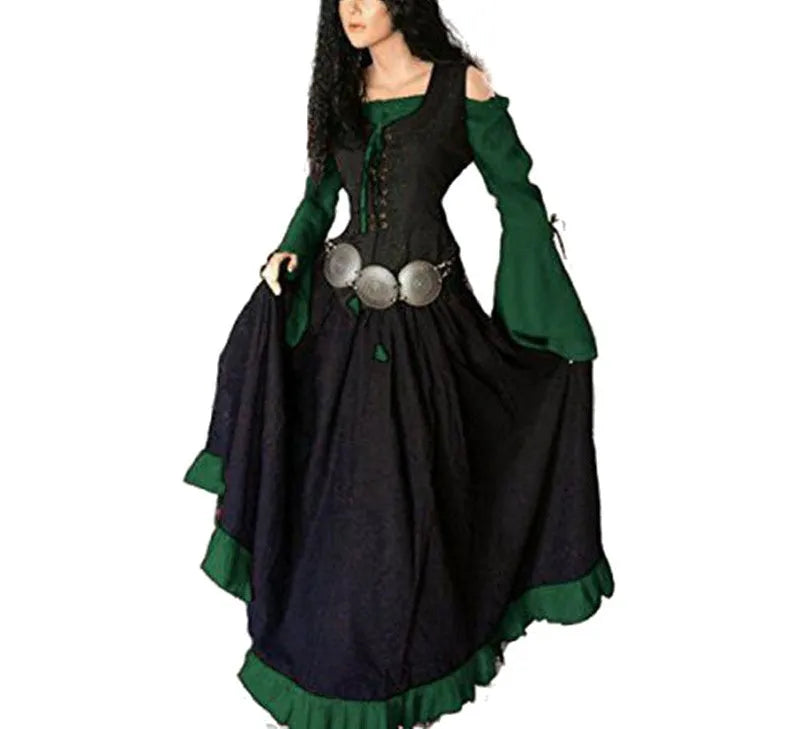 Halloween 2025 Women's Medieval Pirate Retro Slim Dress One-shoulder Large Flared Sleeves Long Skirt Stage Show Cosplay Costumes