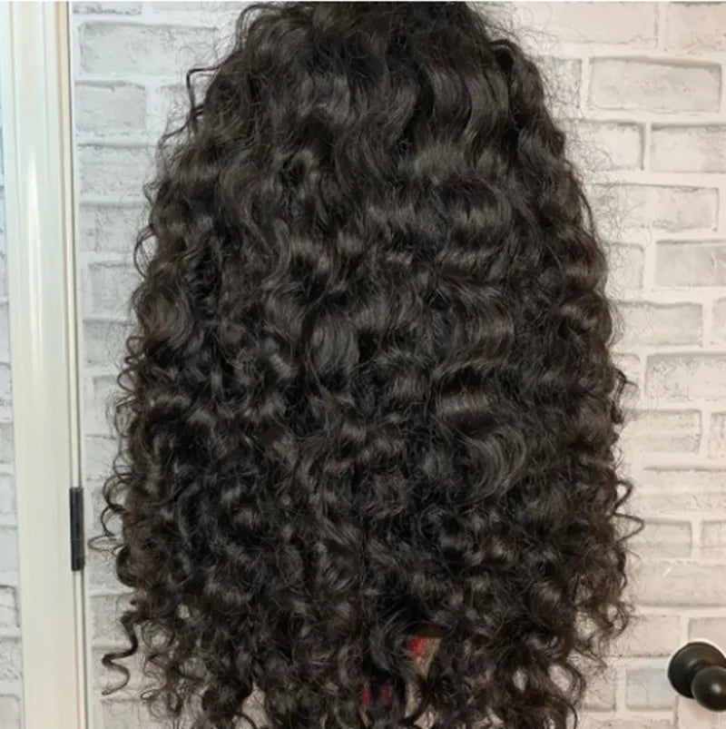 Soft 26“Long Natural Black Kinky Curly 180Density Lace Front Wig With Bangs Synthetic For Women High Resistant Glueless Daily