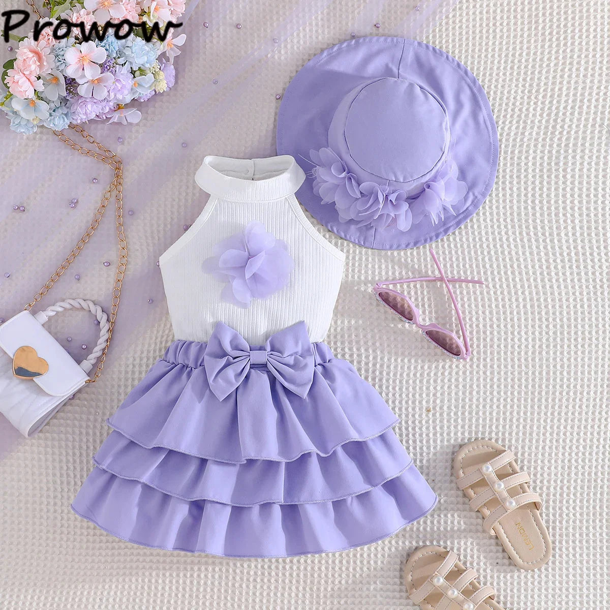Toddler Girl Outfit Sets Sleeveless Turtleneck Fixed Flower T-shirt+Layered Skirt+Sun Hat Summer 3pcs Sets For Baby Girl Clothes