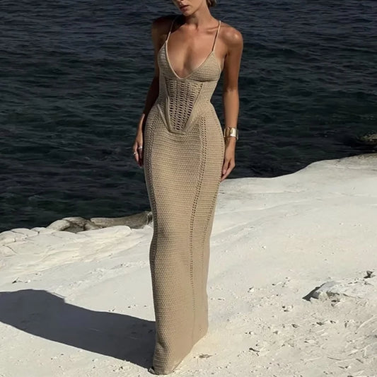 Sexy Style Backless Tie Up Long Dress Summer Pool Party Beach Vacation Slip Dress Fashion Knitting Hollow Out Beachwear Cover Up