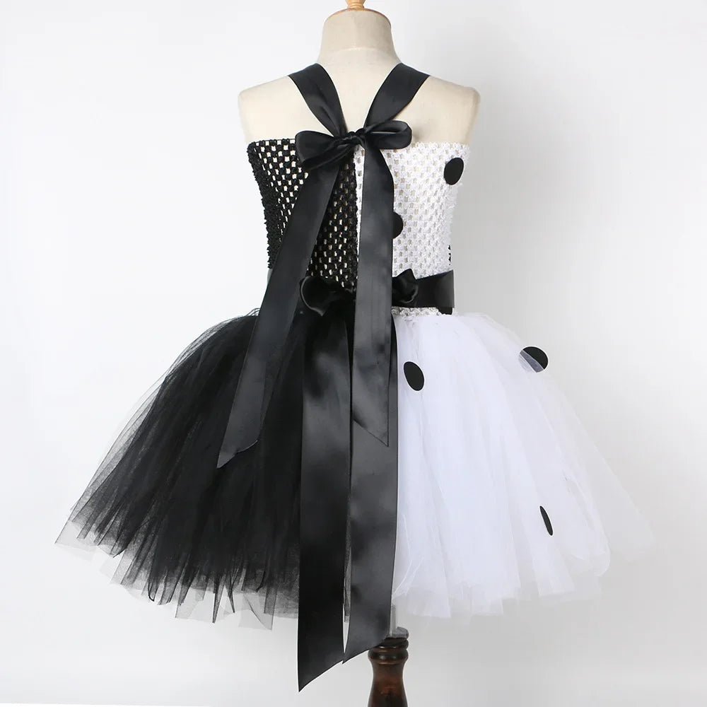 Halloween Crulla Cosplay Costume Cruella Tulle Dress Party Girls Black White Carnival Kids Cruella Wig Lace Mask Suit Clothes
