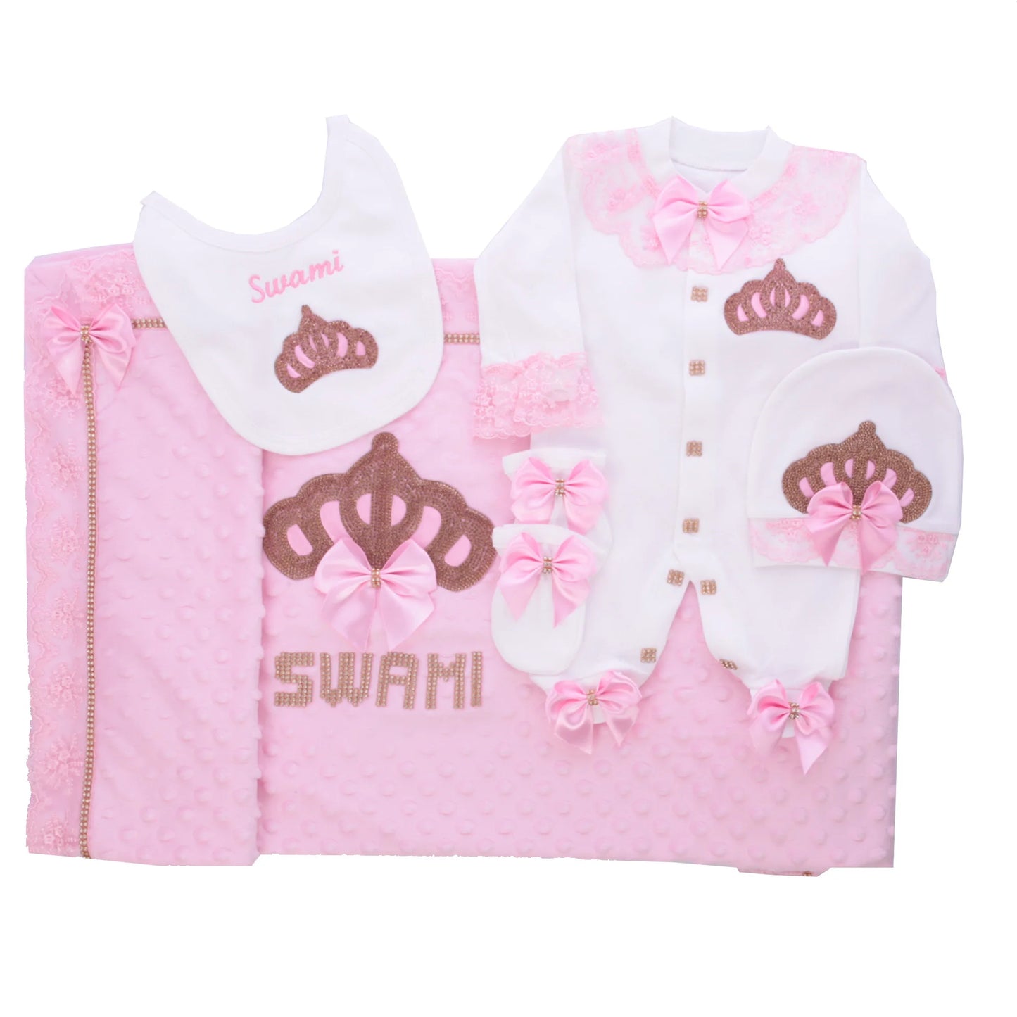 Customized Name Newborn Baby Boss Embroidery Lace Romper Outfit Infant Wrapped Baby Products Pants Mittens Receiving Blanket