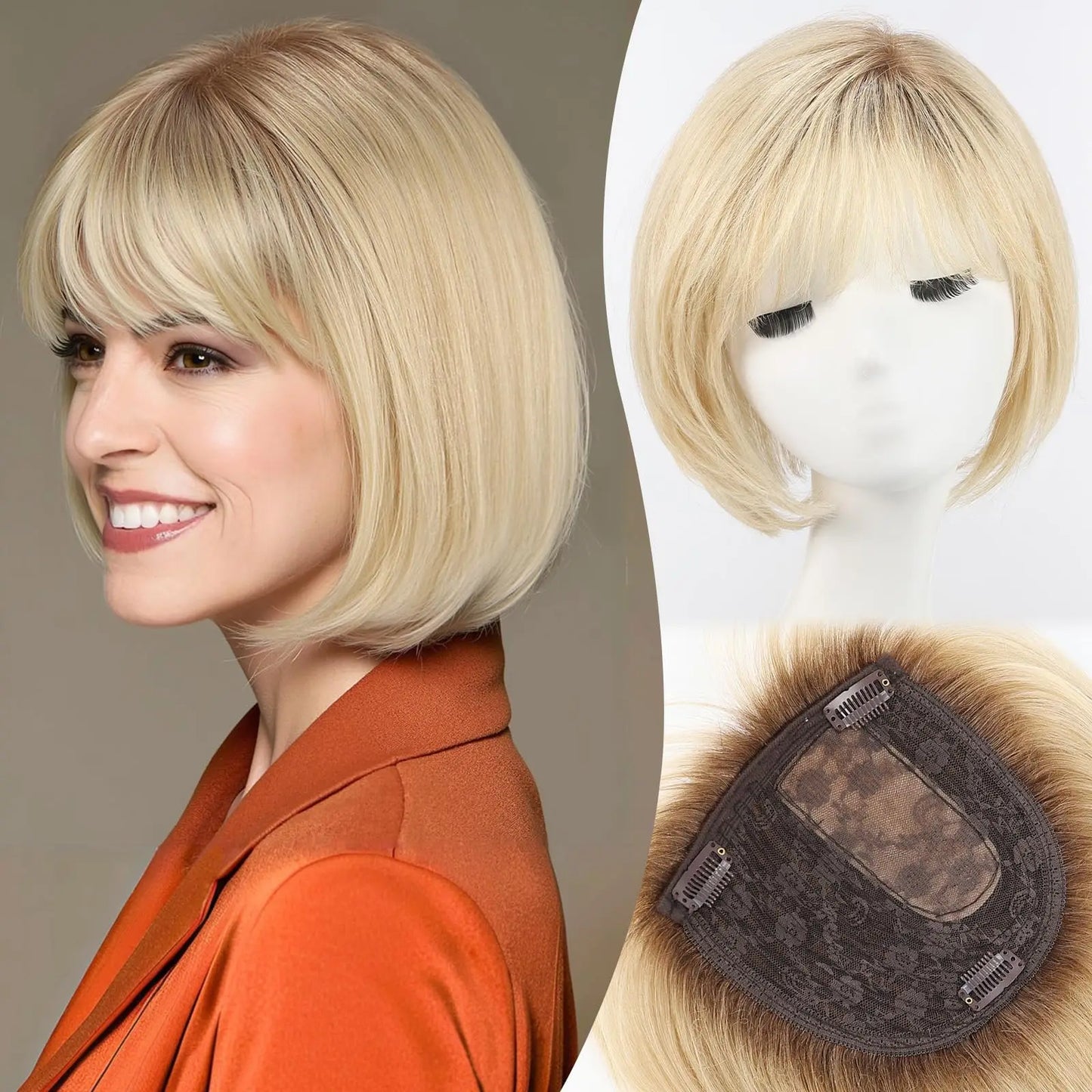 Ombre Gray Blonde Real Human Hair Toppers 6.5*6.5inch Large Base 4Clips Topper 10inch Hair Topper for Women with Bangs Side Part