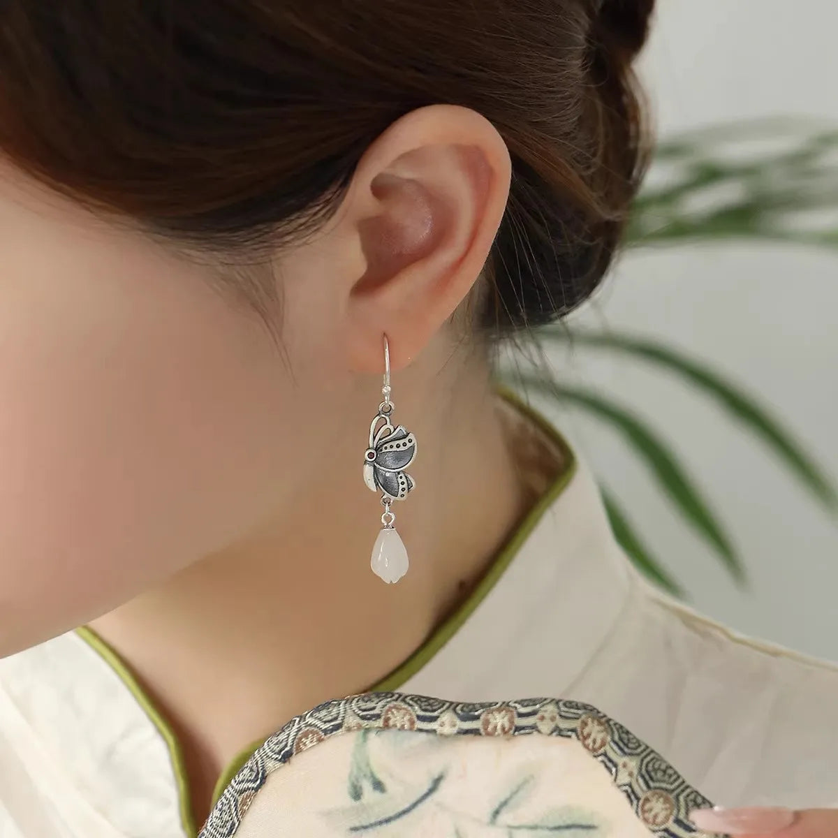 silver 925 Light luxury Butterfly earrings for women Natural Hetian Jade Orchid Earring Vintage Ethnic Style Wedding Jewelry