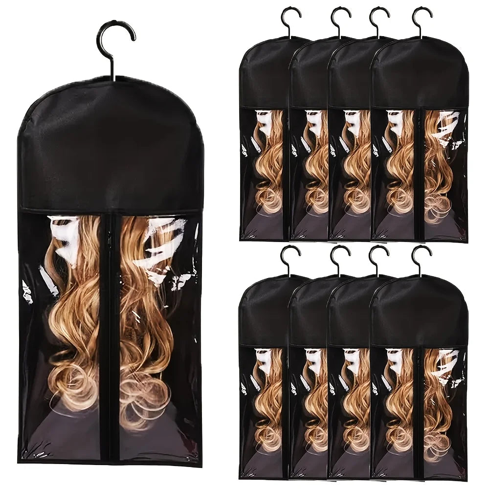 6pcs Long Hair Extensions Storage Bag Non-Woven Dust Proof Wigs Carrier Bags With Plastic Hanger For Home Salon Organizer