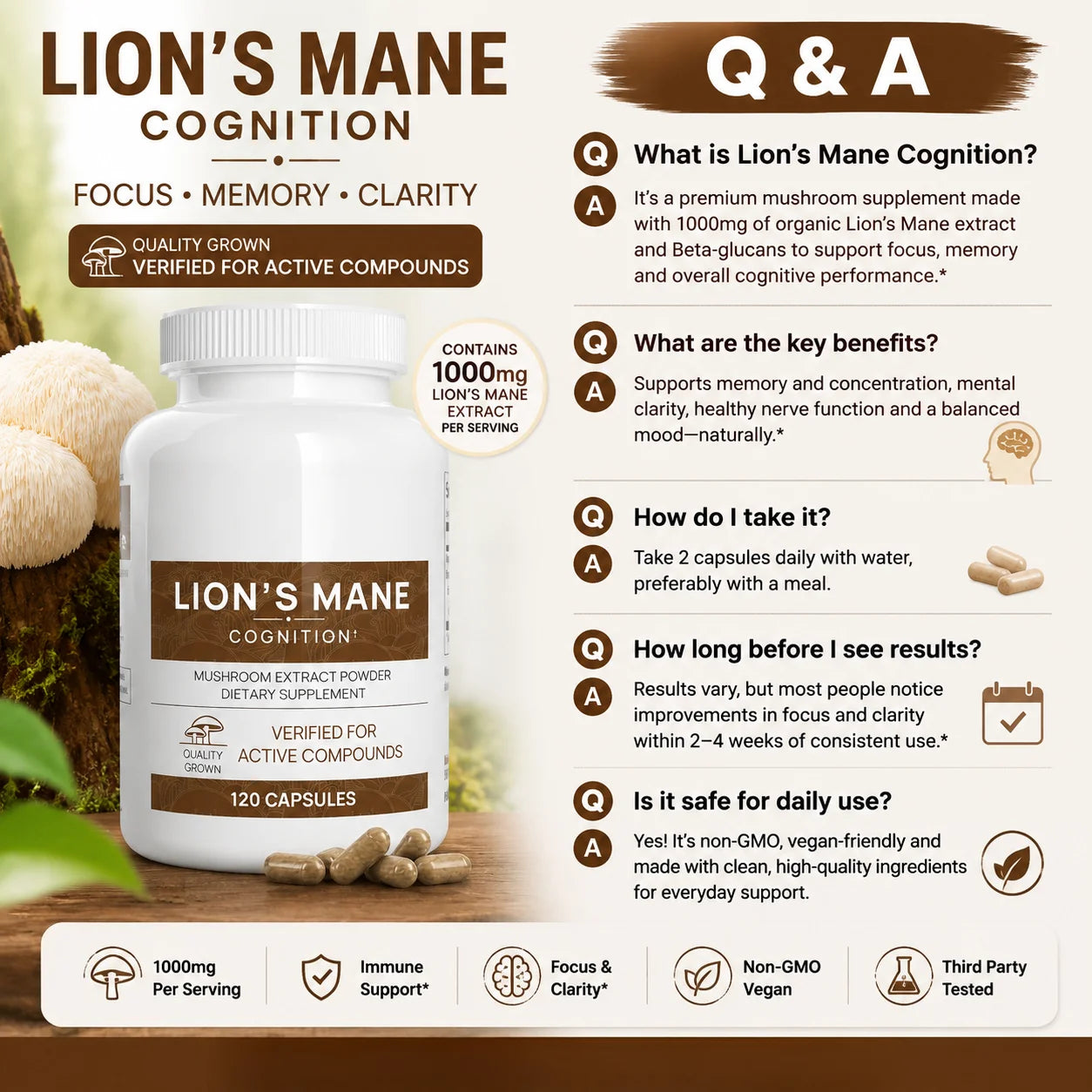 Lion’s Mane Mushroom Extract Capsules 1000mg, 300mg Beta Glucans, 120 Count, Vegan Non-GMO Gluten Free Daily Blend
