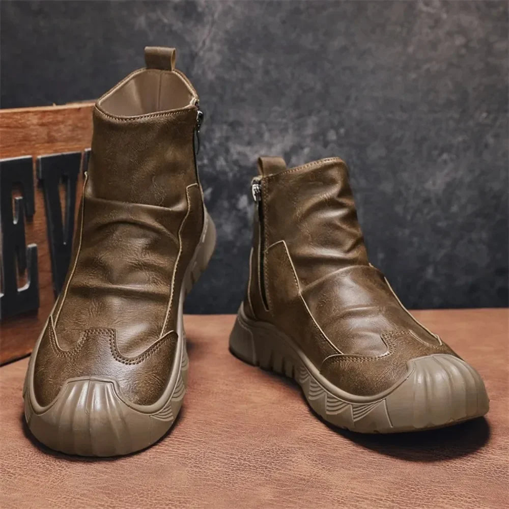 Fipatbu Unisex wool-lined barefoot leather boots with a solid color and a wide-toe design