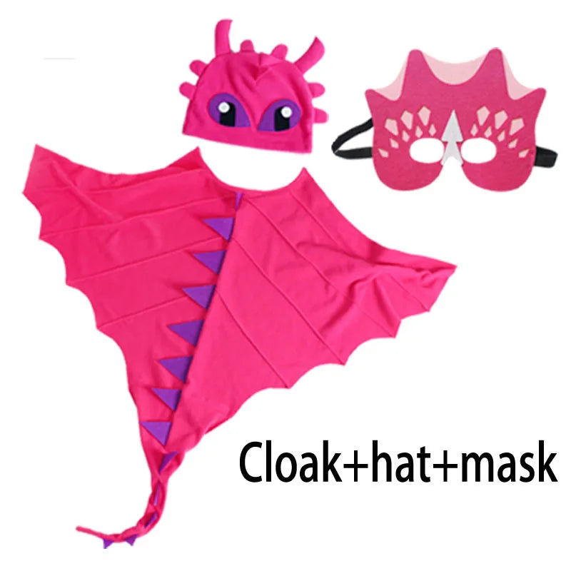 Kids Dragon Cape Costume 3PCS Cloak Hat Mask Set Halloween Carnival Role Play Outfits for Boys Girls School Performance Clothes