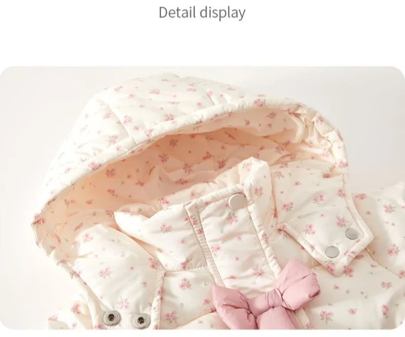 Winter 2024 Girls Plush New Fashion Sweet Floral Cotton Jacket Baby Cotton Hooded Autumn and Winter Bow Coat