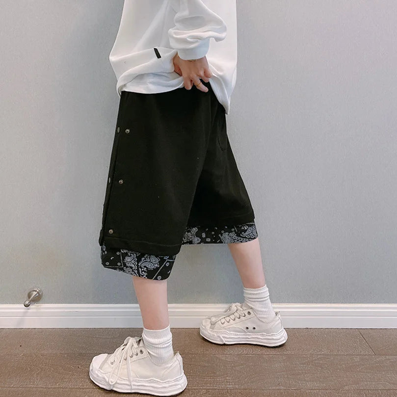 Men's Faux 2 Layer Breasted Bandana Shorts Spring Summer High Street Pants Oversize Paisley Harajuku Hip Hop Trousers 2025 Z1