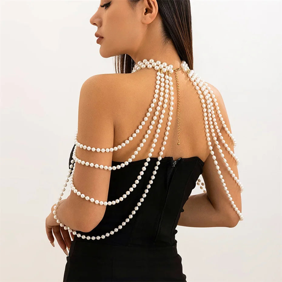 Bridal Tassel Imitation Pearl Shoulder Chain Necklace for Women Elegant Shawl Wedding Jewelry Accessories Gift