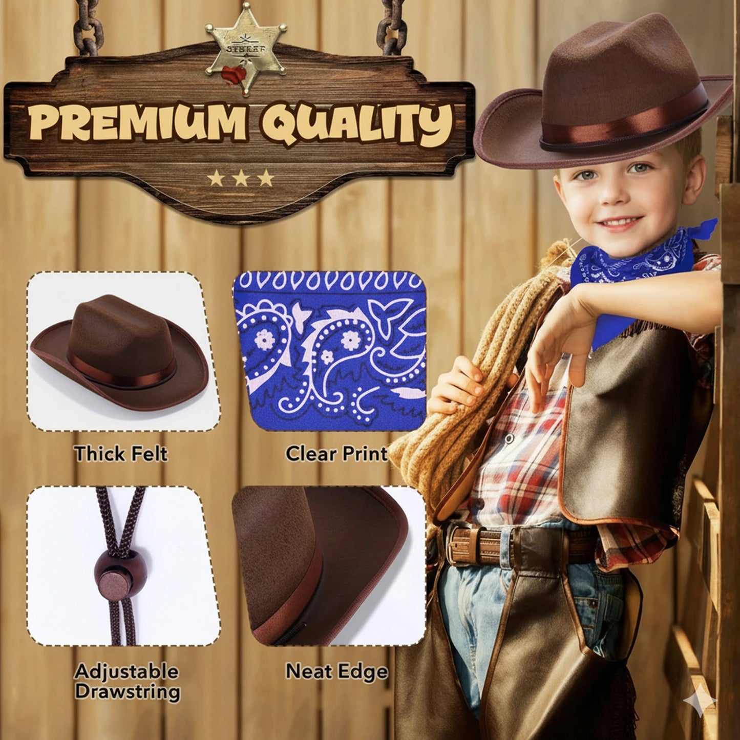 Kids Cowgirl Costume Western Hat Bandana Set Halloween Cosplay Outfits Role Play Accessories