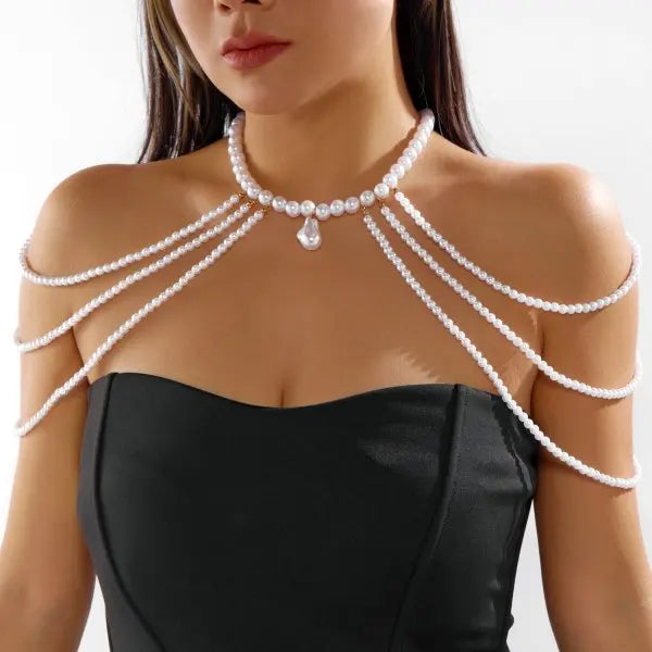 Sexy Imitation Pearl Body Chain for Women Multilayer Pearl Rice Beads Chain Shoulder Sweater Long Chain Party Wedding Jewelry