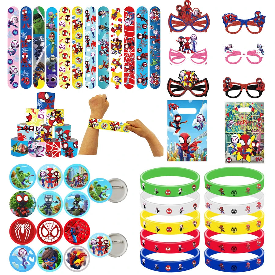 Spiderman Birthday Party Decoration Banner 'Spidey And His Amazing Friends' Silicone Bracelet Tinplate Badge Stickers Gift Bags