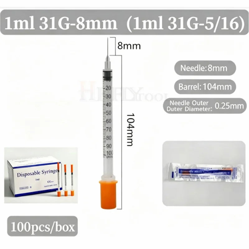 100Pcs 0.3ml/0.5ml/1ml Sterile Individually Syringe 29Gx13mm 31G 8mm 6mm needles for Pet Veterinary Lab Industrial Dispensing