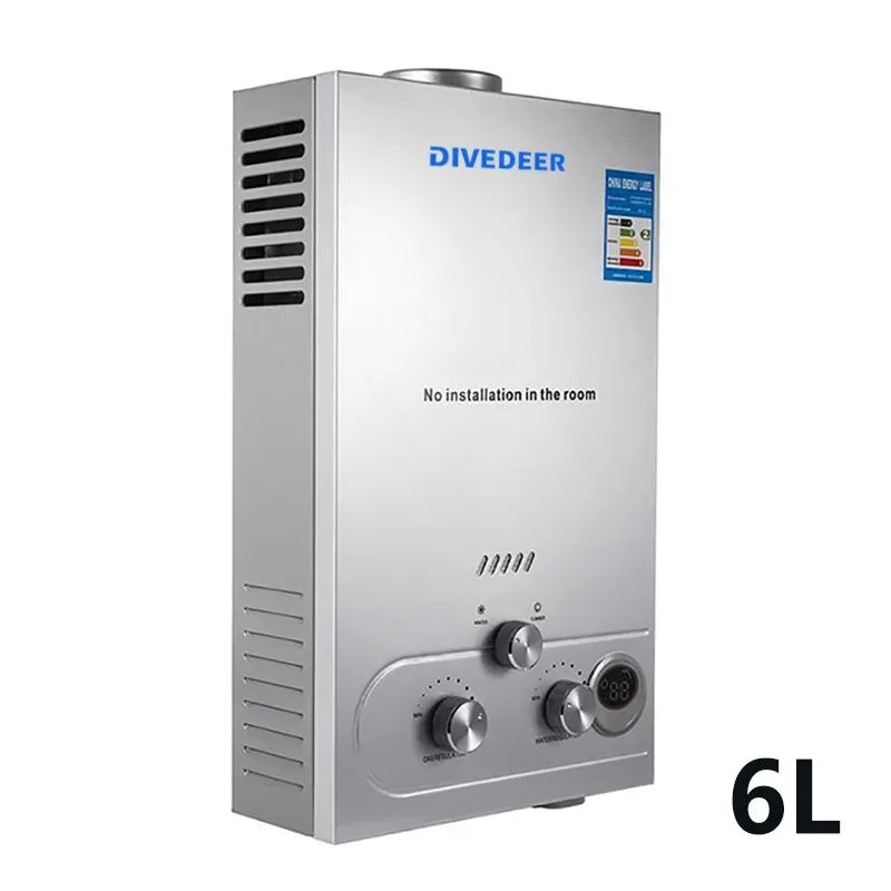 DIVEDEER 6L–18L Portable Instant-Heat LPG Water Heater for Home Use Stainless Steel Construction, Easy Installation