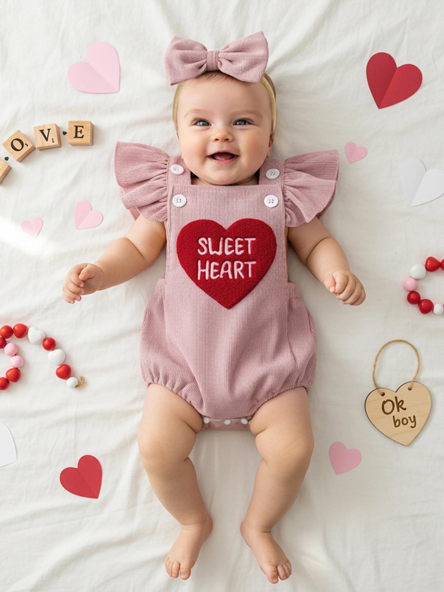 Baby Girl Valentines Outfit Letter Love Heart Embroidered Ruffled Trim Flying Sleeve Romper and Bow Headband 2 Pcs Set