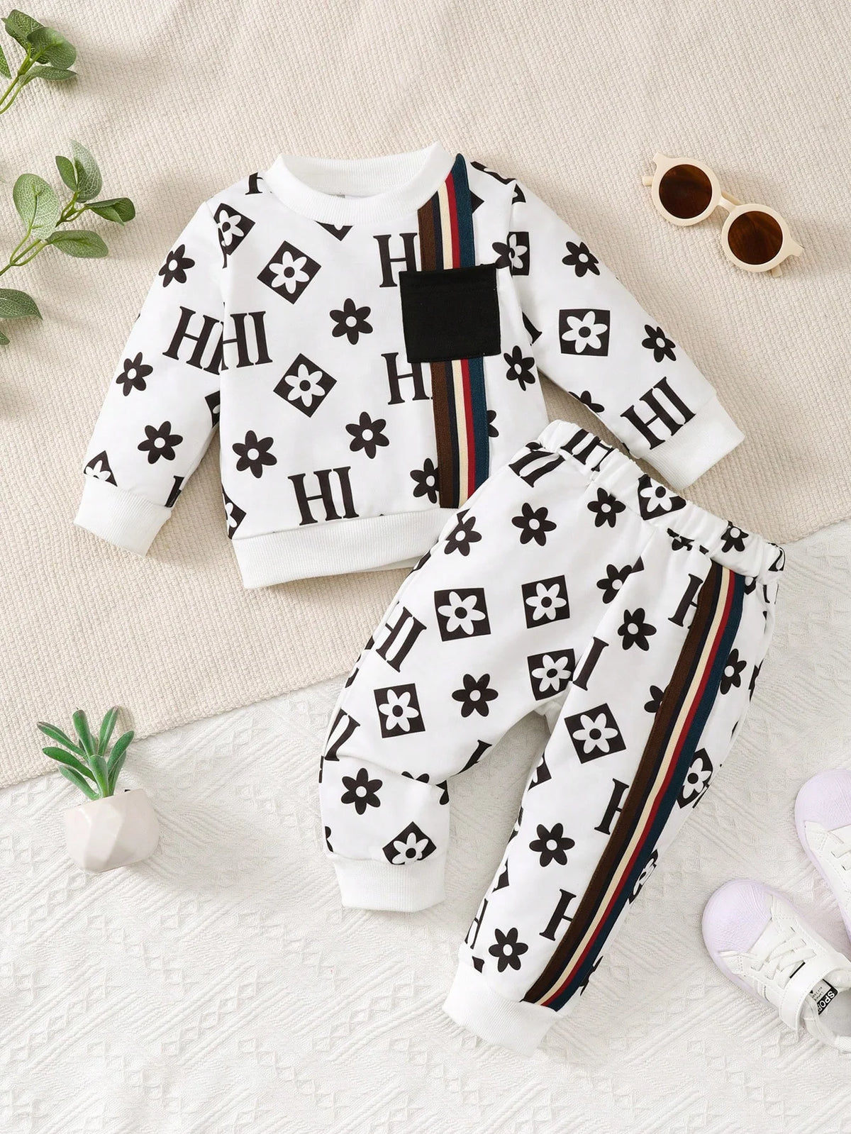 Winter  0-3 Years  Old   Infant  Baby  Girls   Floral   Print  Long  Sleeved  Sweatshirt  Set