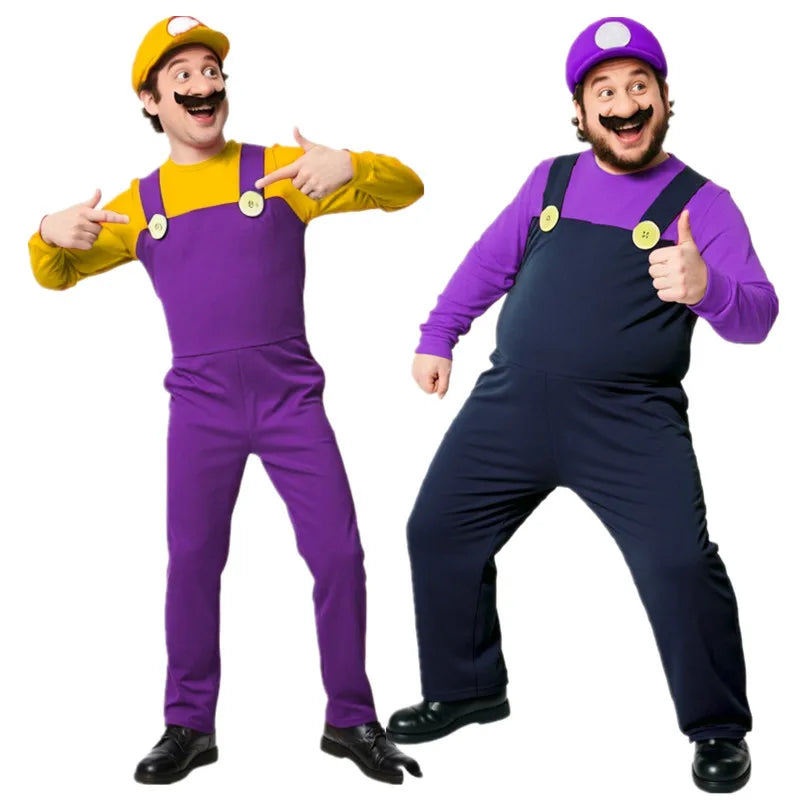 Halloween Men's Plumber Jumpsuit Roleplay Costume (Includes Hat, Gloves, Mustache Accessories) Available in Red, Yellow, Purple