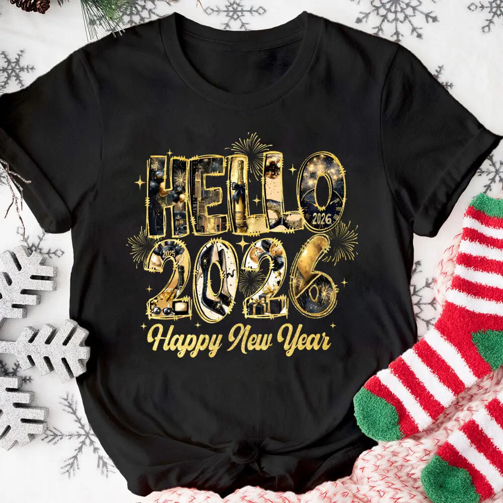 Hello 2026 Happy New Year Family Matching Outfits Dad Mom Kids Shirt Baby Bodysuit Family Clothes New Year Party