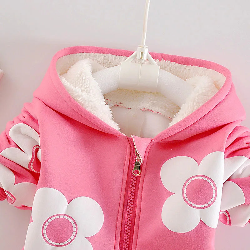 Kids Girls Fleece Lined 3D Daisy Flower Applique Hoodie Pant Suit Children Warm Winter Clothing Set 80-120