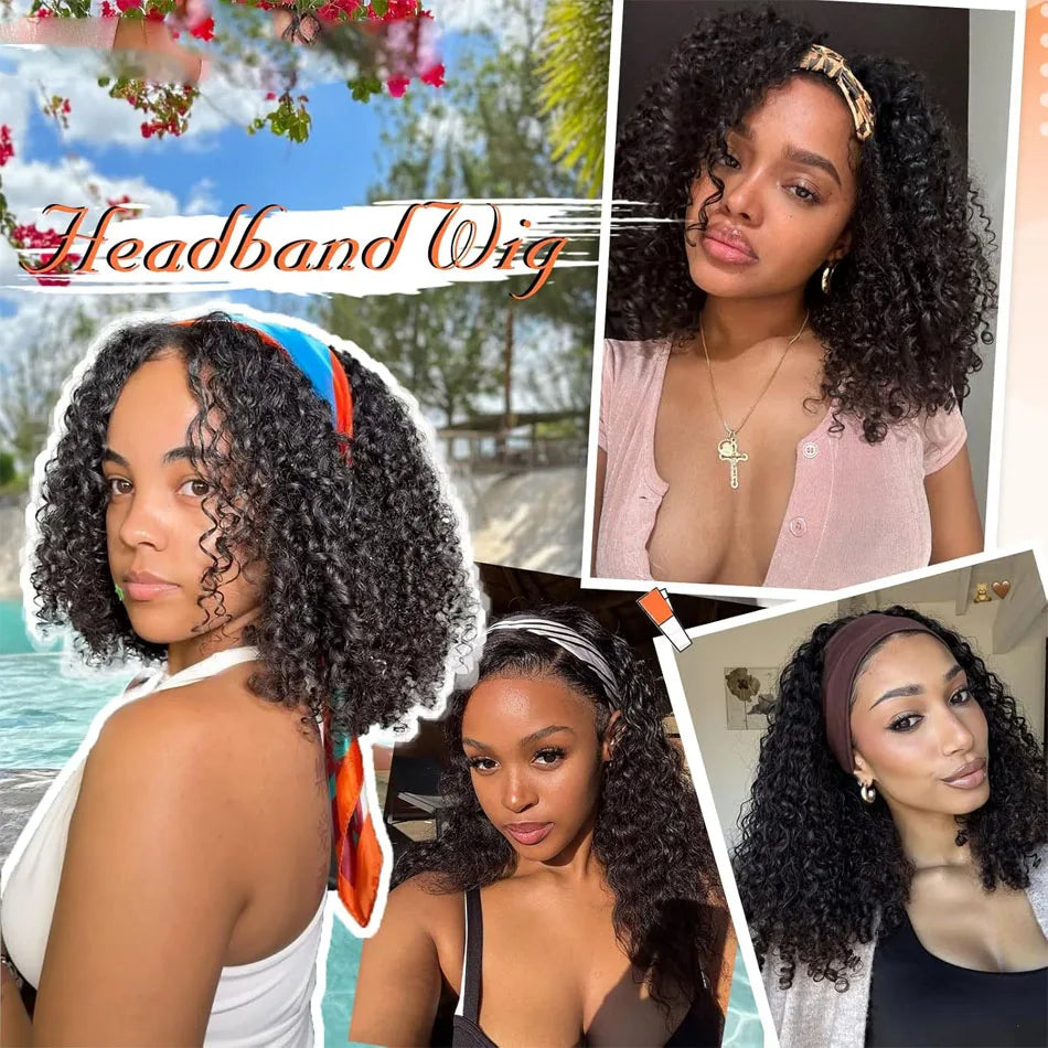 Afro Kinky Curly Headband Human Hair Wig For Women Water Curly Wigs With Black Headband Hair Easy to Style No Lace Front No Glue