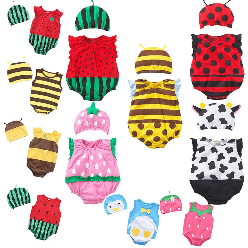 Summer Girl Baby Triangle Bodysuits Baby Cotton Cartoon Watermelon Bee Print Clothes Set Roupas Bebe Menino 0 a 6 Meses