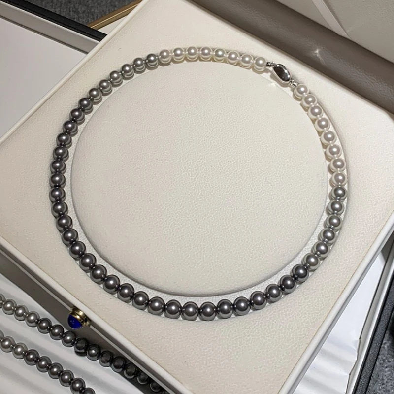 French Socialite White Gradient Gray Pearl Bead Necklace 2024 Fashion Jewelry Sets For Women's Sexy Collarbone Chain Accessories