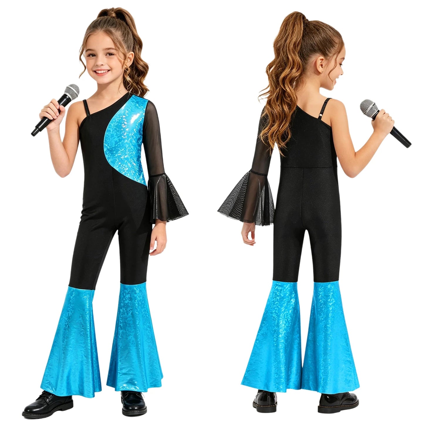 Kids Girls Hippie Halloween Costume Tassels Unitard Bell-bottom Long Pants Bodysuit Jumpsuit Disco Dance 60s 70s Rave Party Wear
