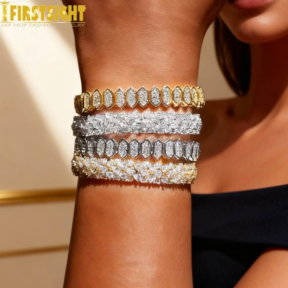 New Iced Out Bling CZ Geometric Stretchy Stretch Double Tennis Chain Bracelet Adjusted Size Bangle For Women Fashion Jewelry