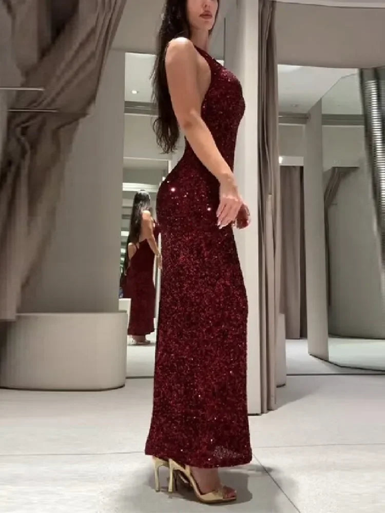 Sexy Lady Sequin Halter Maxi Dress Sleeveless O Neck Backless Party Long Robe 2026 Spring New Luxury Evening Dresses