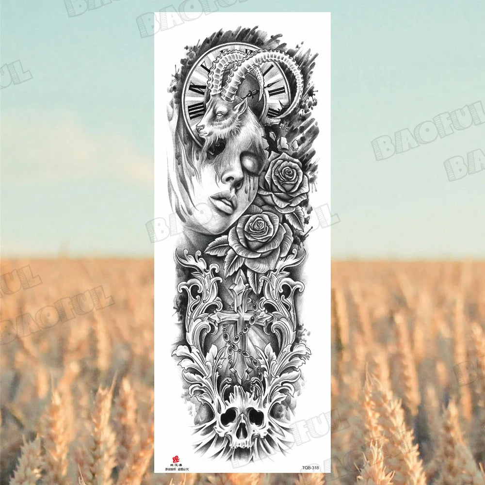 BAOFUL Full Arm Sleeve Temporary Tattoos For Women Men Realistic Wolf Lion Warrior Maori Fake Tattoo Stickers Thigh Leg Tatoos