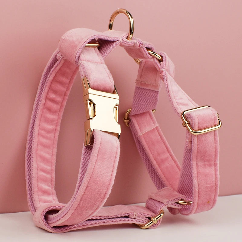 Pink Velvet Dog Collar And Leash Set For Small Medium Large Dogs Custom Engraved Nameplate Pet Supplies Dog Leash Velvet 01
