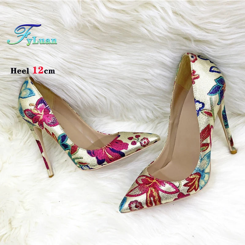 Fashion Print Women's Pumps 8CM 10CM 12CM Sexy Pointy Toe Luxury Female Shoes 2025 Spring Summer All-Match Woman Gold High Heels