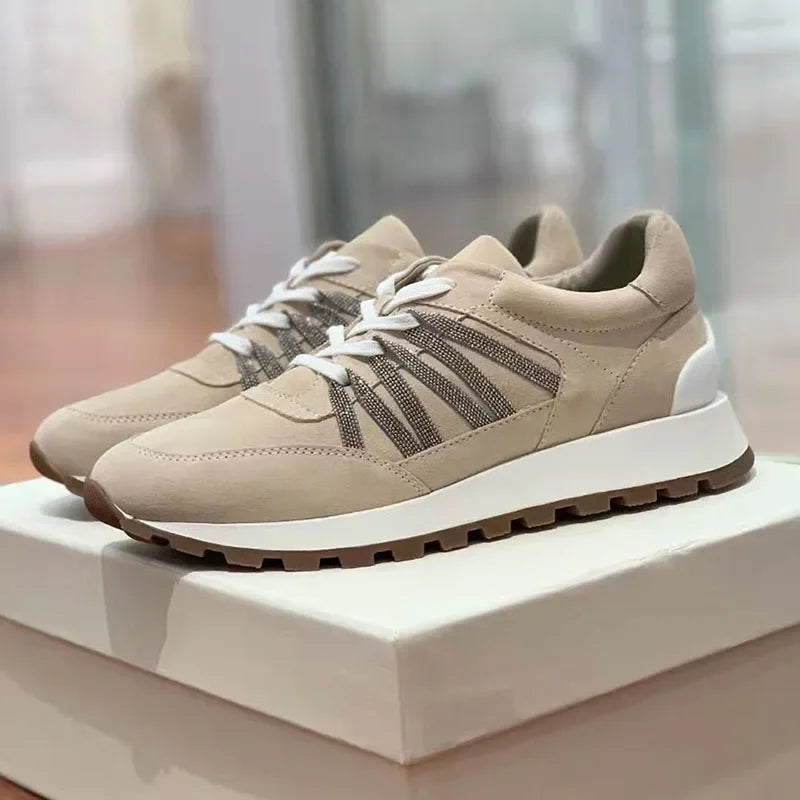 New Casual Shoes Women Suede Patchwork Round Toe Lace Up Genuine Leather Comfy Outdoor Walking Shoes Woman Sneakers Female